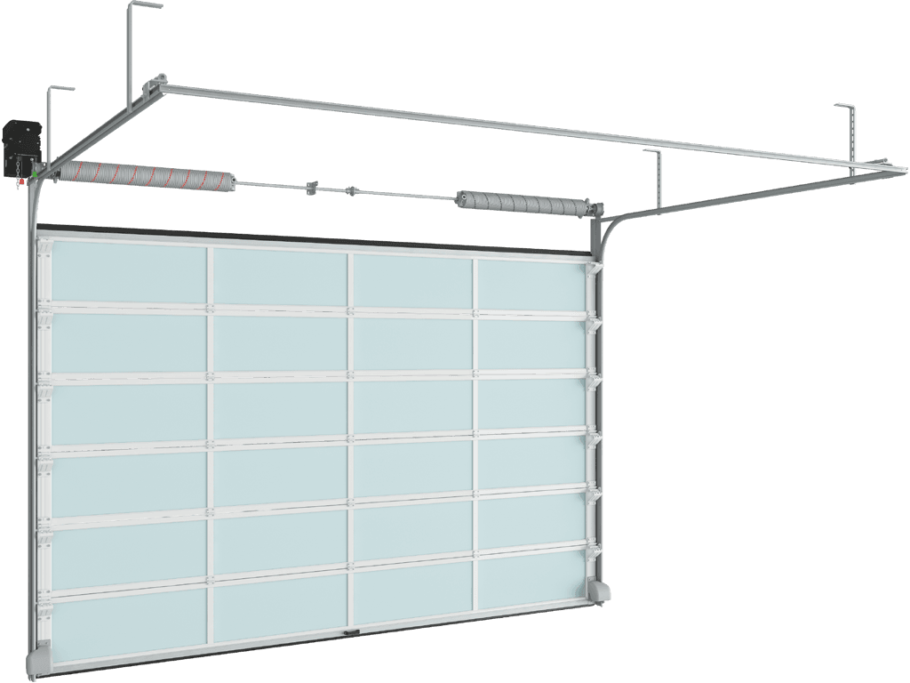 Промышленные секционные ворота из алюминиевых панорамных панелей с торсионным механизмом ISD02