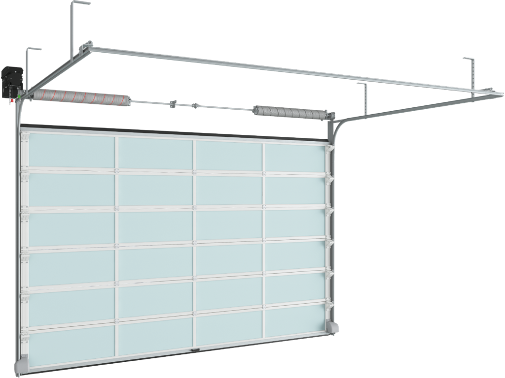 Промышленные секционные ворота из алюминиевых панорамных панелей с торсионным механизмом ISD02